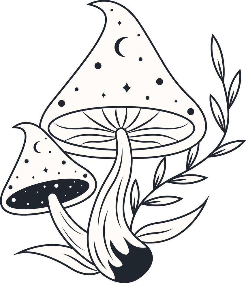 Celestial Magic Mushroom Clipart. Mystical Esoteric Elements. Isolated on White Background. vector