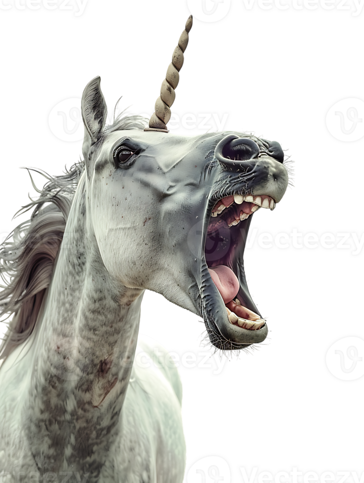 Unicorn yelling to the sky, isolated against a transparent background png