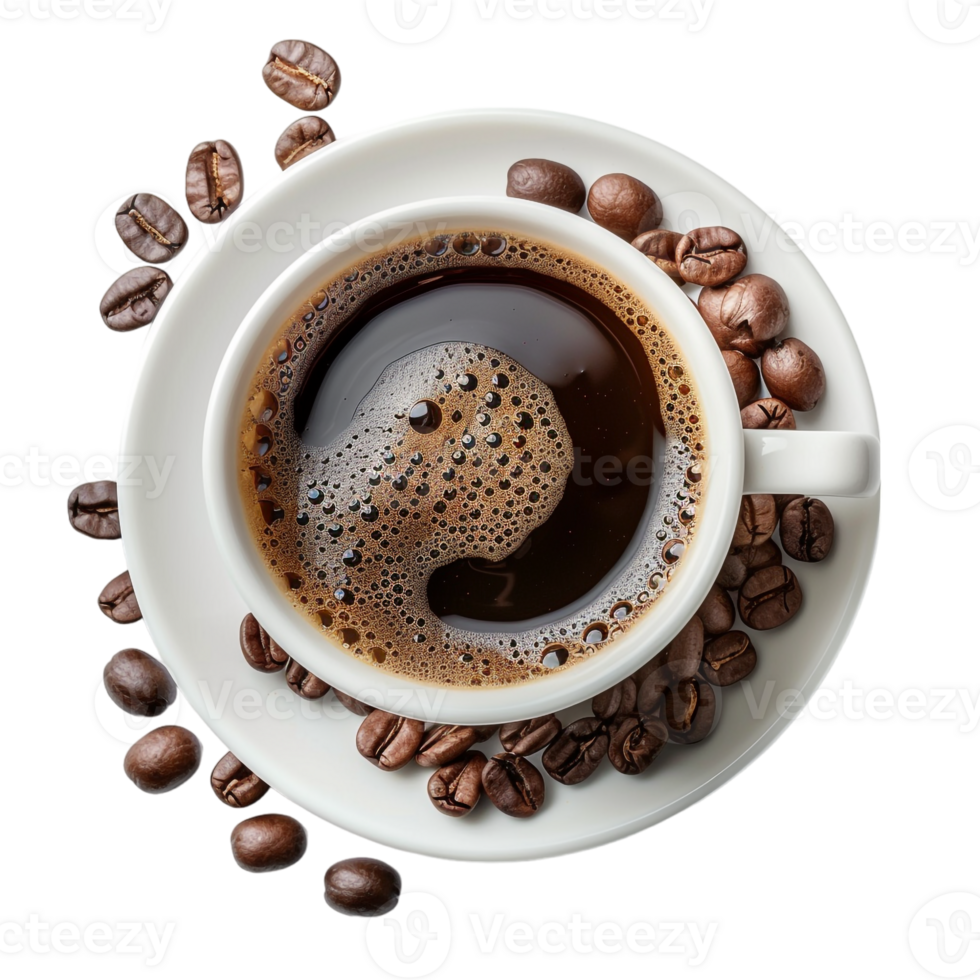 top down view of a cup of coffee accompanied by coffee beans png