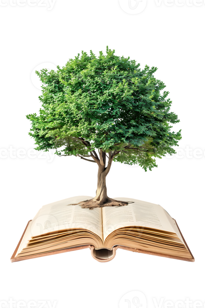 Tree emerging into an open book, isolated against a transparent background png