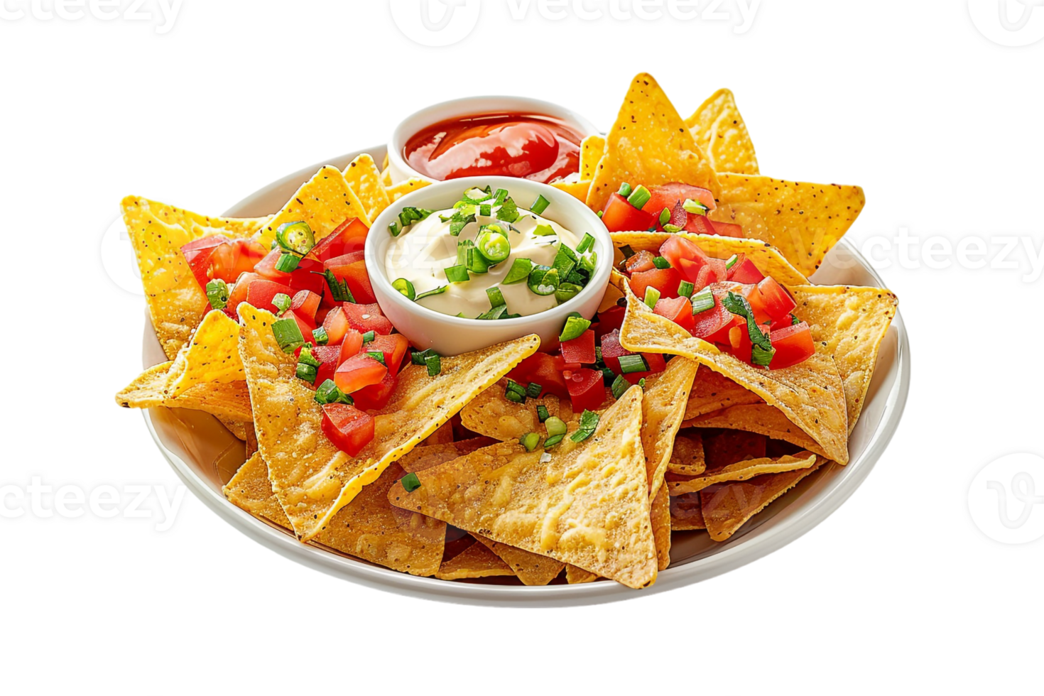 serving of nachos accompanied by two types of dipping sauces png