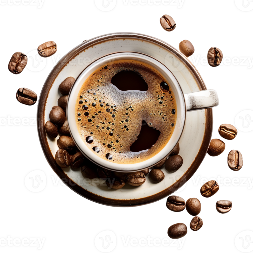 top down view of a cup of coffee accompanied by coffee beans png
