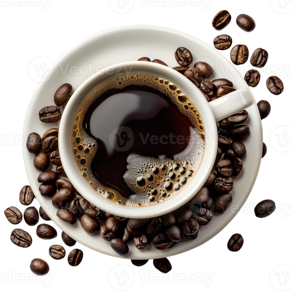 top down view of a cup of coffee accompanied by coffee beans png