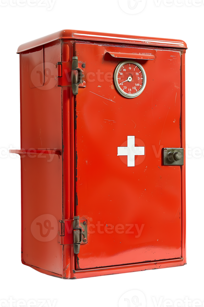 Vertical red first aid cabinet isolated on transparent background png