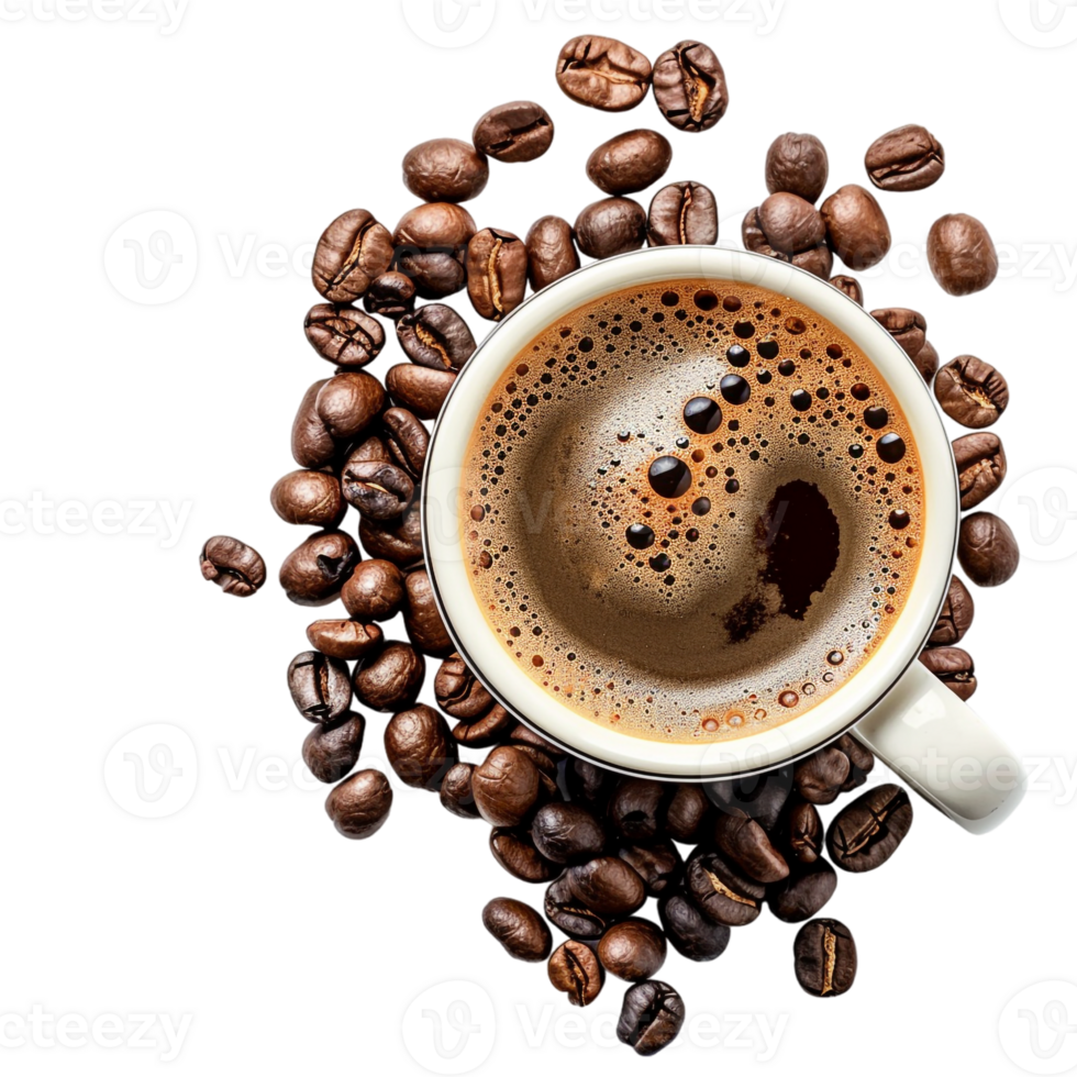 top down view of a cup of coffee accompanied by coffee beans png
