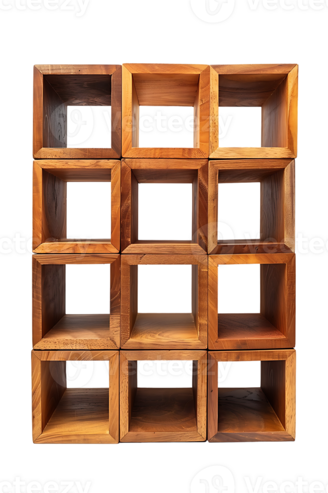Vertical wooden cube shelf isolated on transparent background png