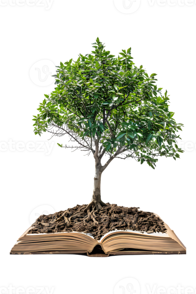 Tree emerging into an open book, isolated against a transparent background png