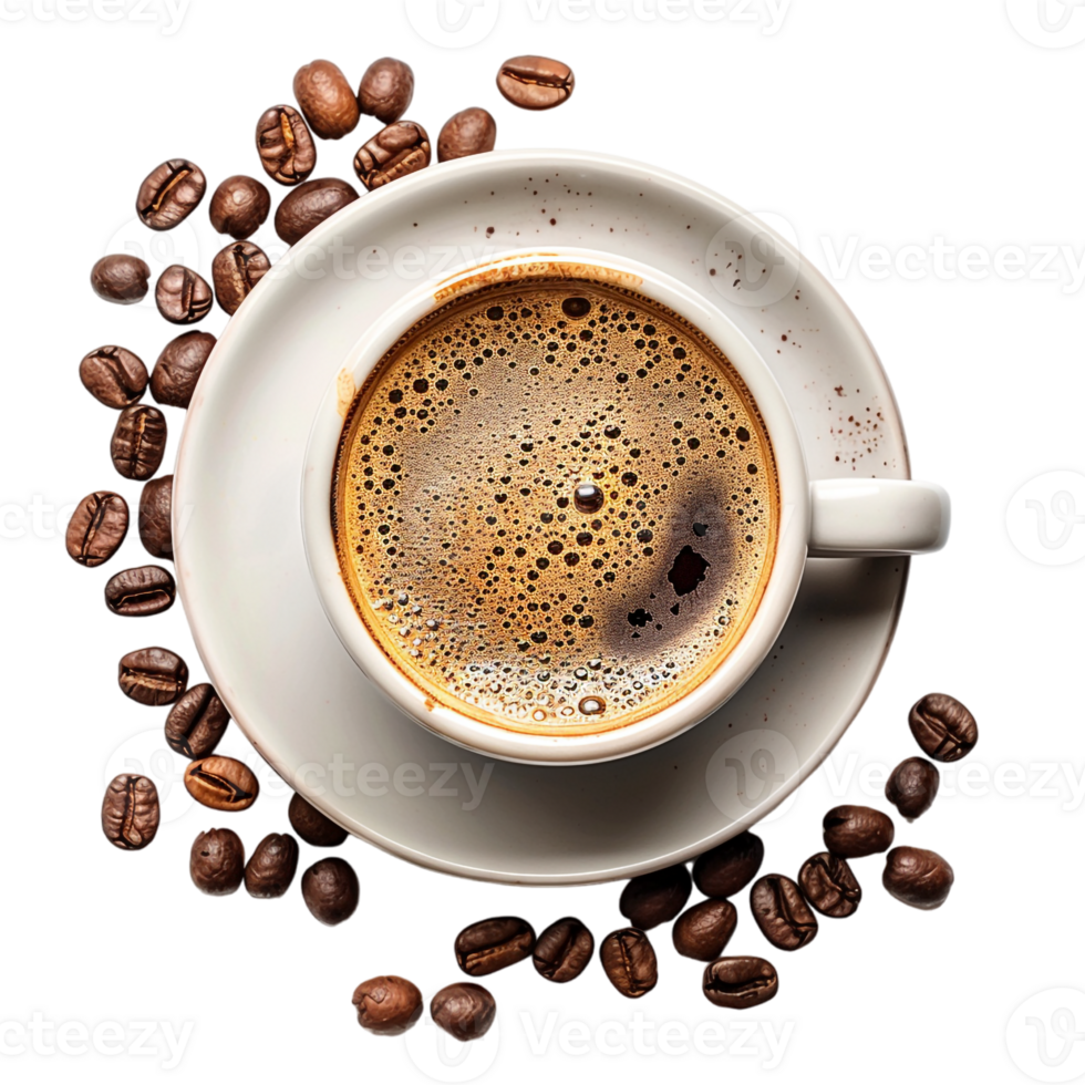 top down view of a cup of coffee accompanied by coffee beans png