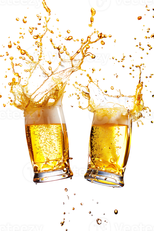Two beer mugs clinking with splashing cheers, isolated on transparent background png