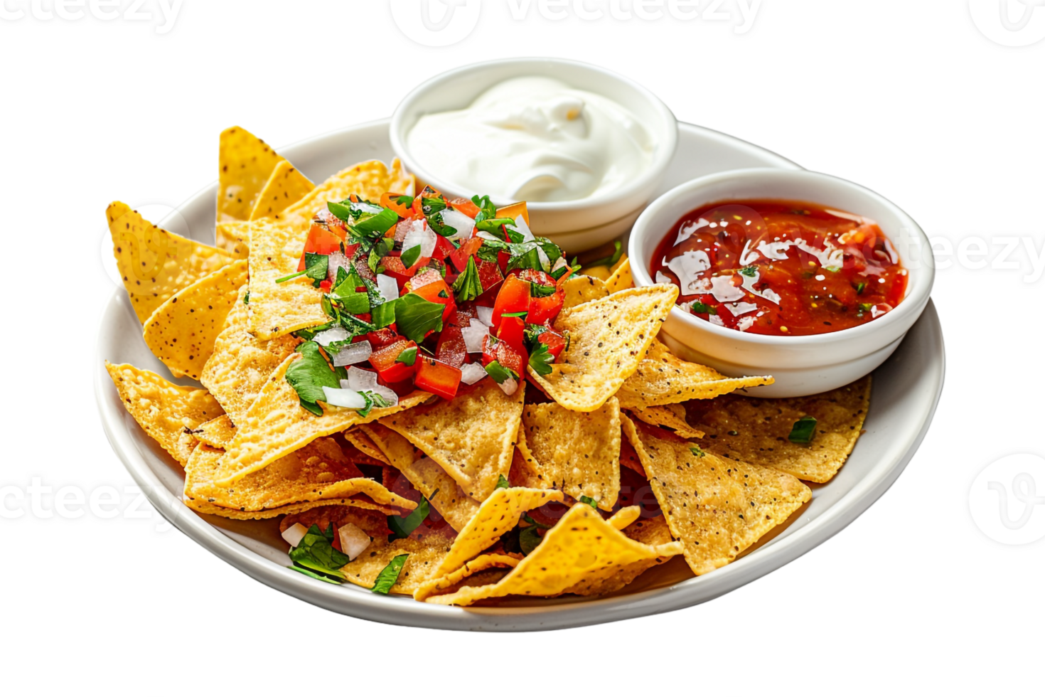 serving of nachos accompanied by two types of dipping sauces png