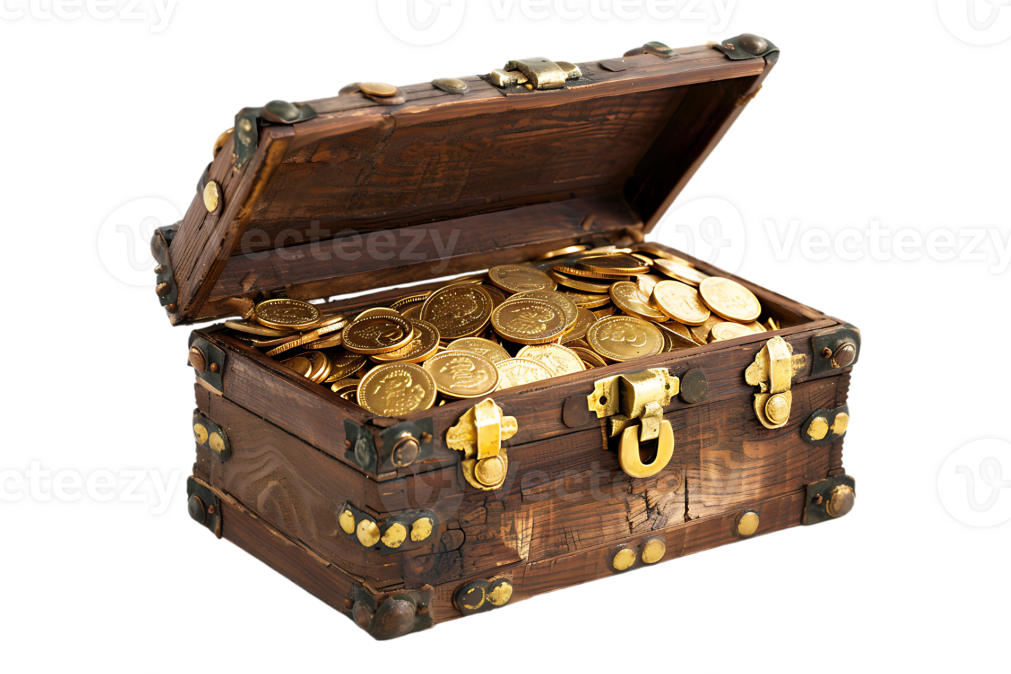 Treasure chest filled with gold coins, isolated on transparent background png