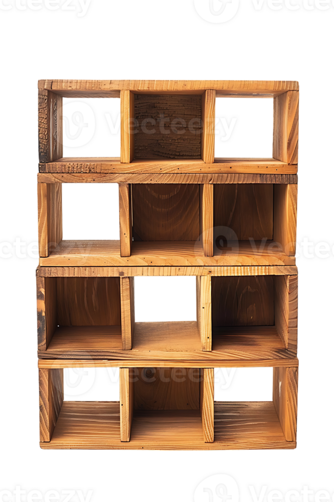 Vertical wooden cube shelf isolated on transparent background png