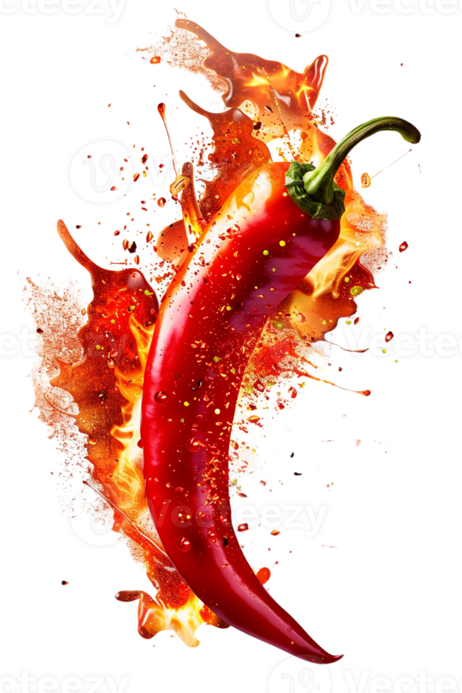 Red hot chili pepper with a splash of fire, isolated against a transparent background png