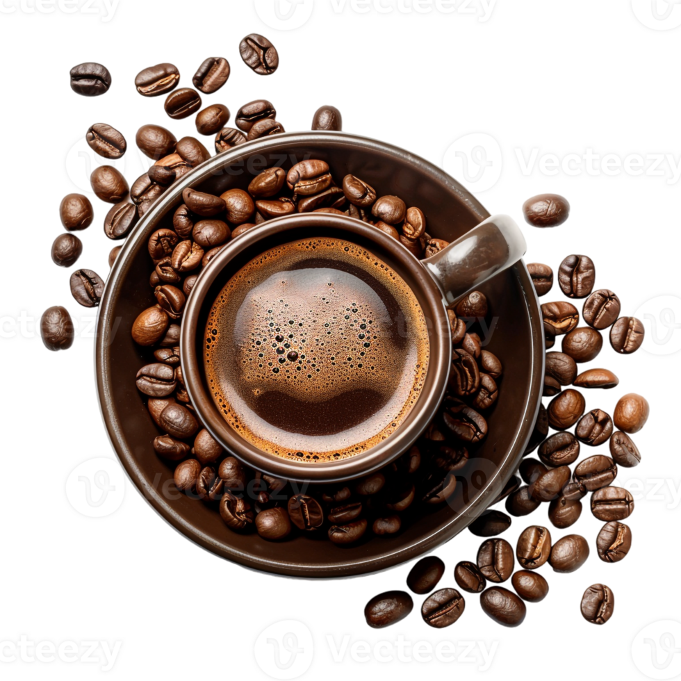 top down view of a cup of coffee accompanied by coffee beans png