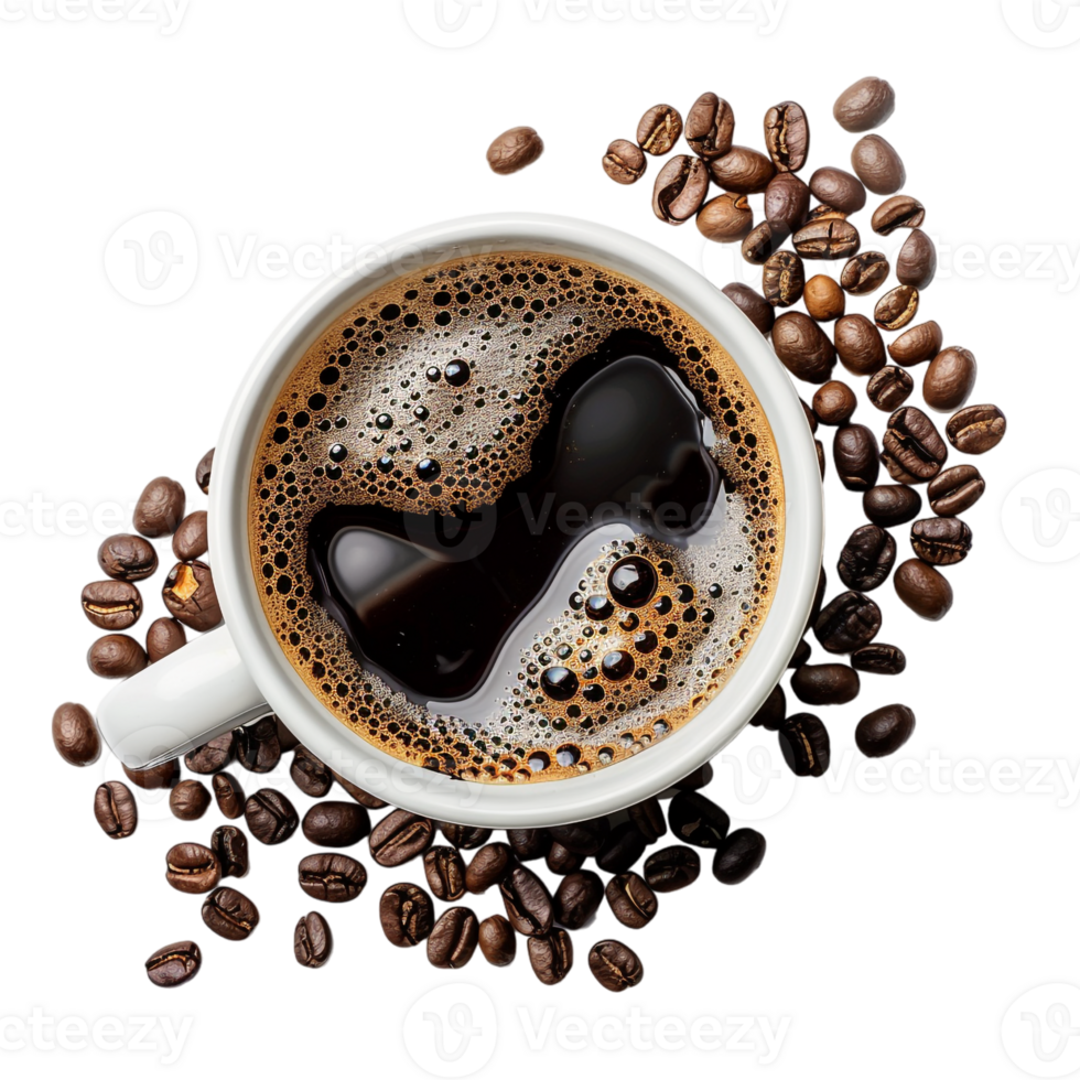 top down view of a cup of coffee accompanied by coffee beans png