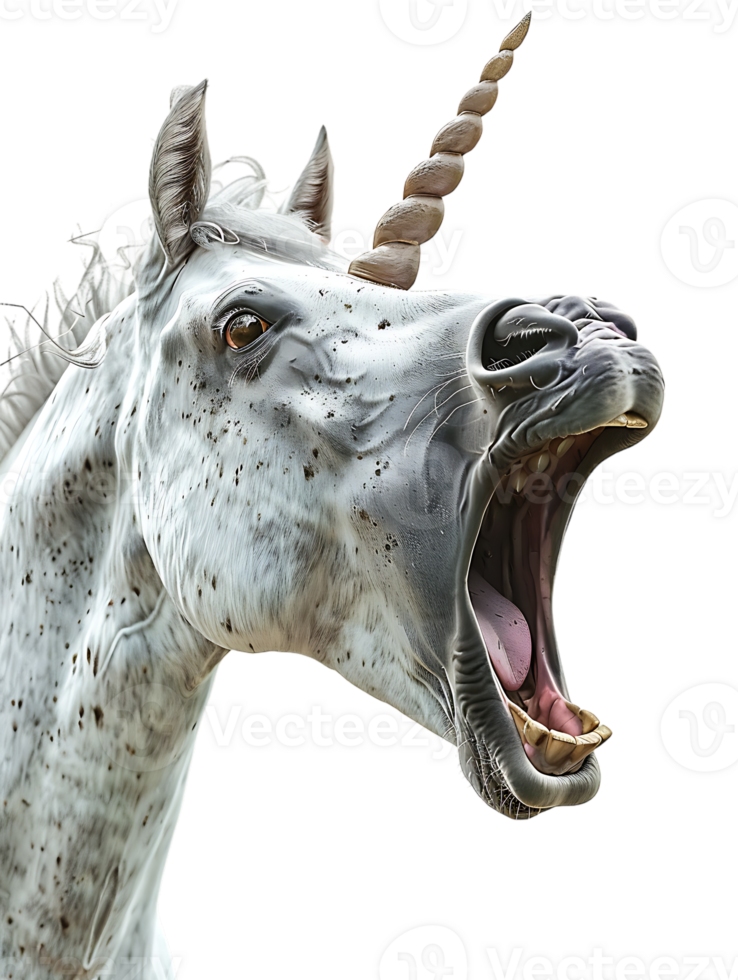 Unicorn yelling to the sky, isolated against a transparent background png