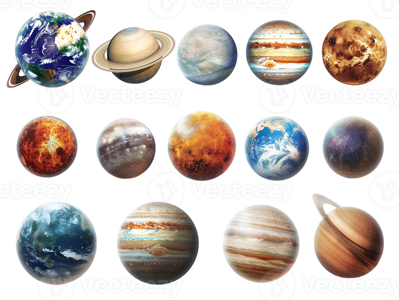 set of planets from the solar system, isolated against a transparent background png