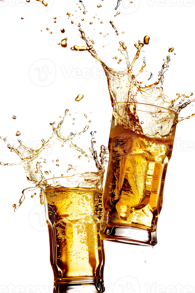 Two beer mugs clinking with splashing cheers, isolated on transparent background png