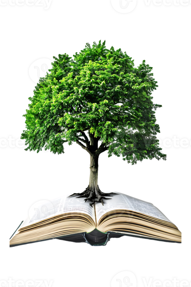 Tree emerging into an open book, isolated against a transparent background png