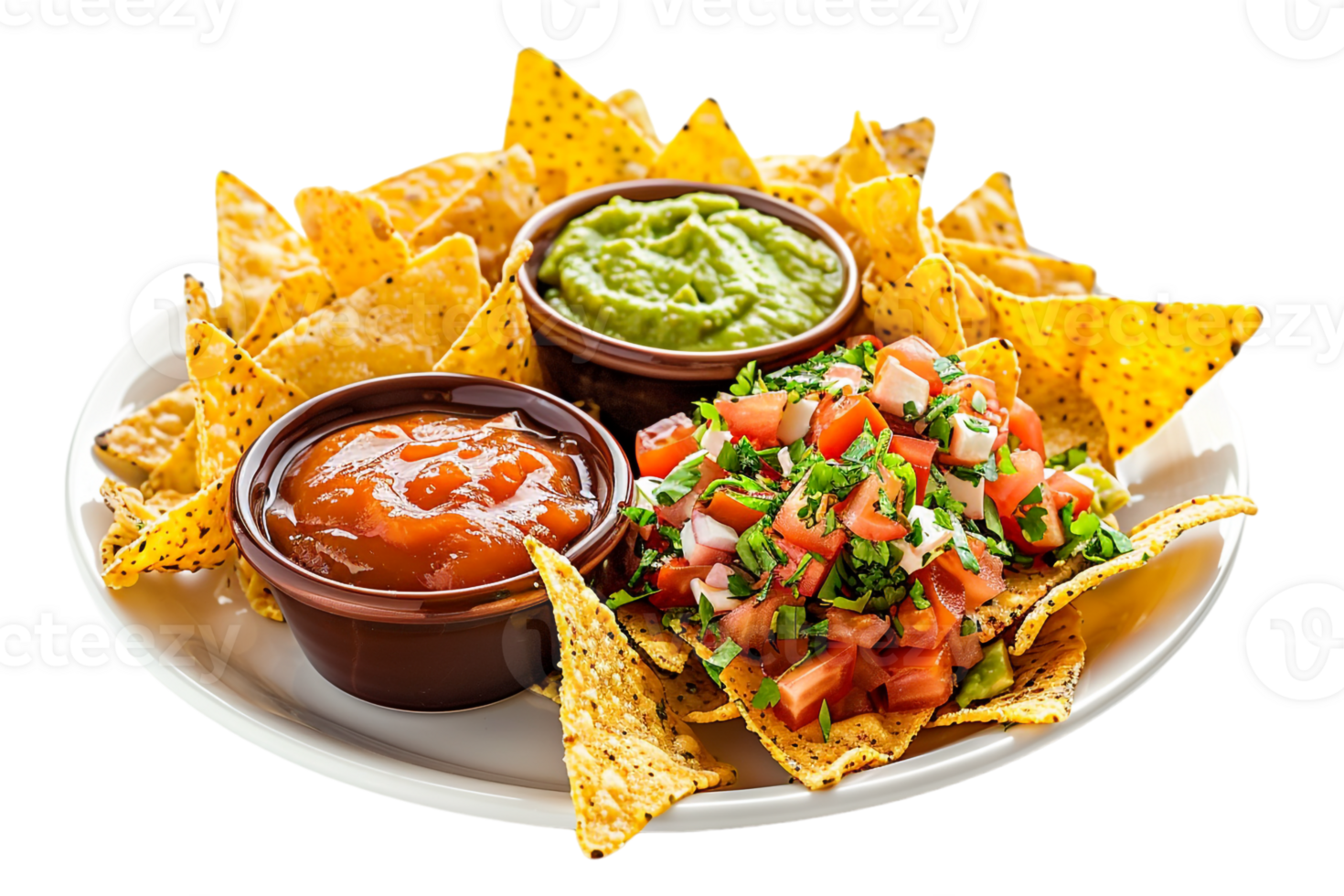 serving of nachos accompanied by two types of dipping sauces png