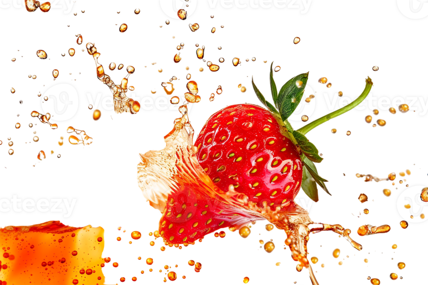strawberry with a juice splash, set against a transparent background png