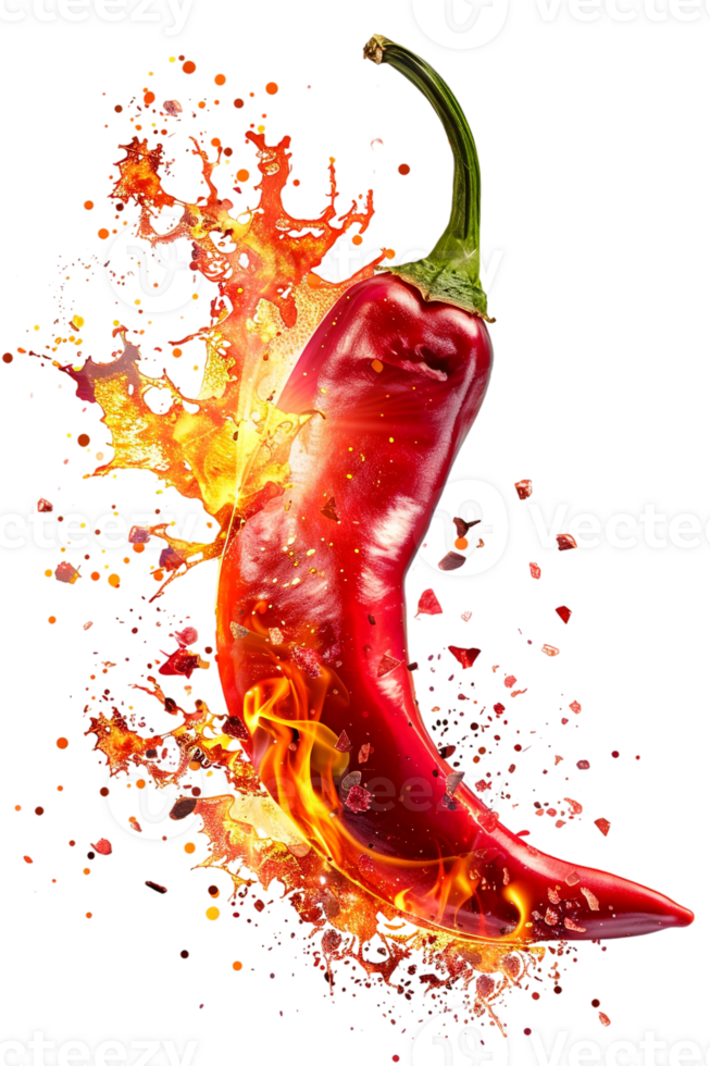 Red hot chili pepper with a splash of fire, isolated against a transparent background png