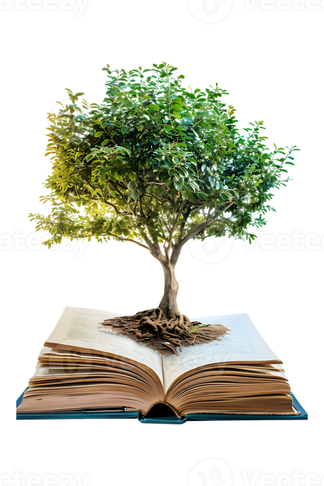 Tree emerging into an open book, isolated against a transparent background png