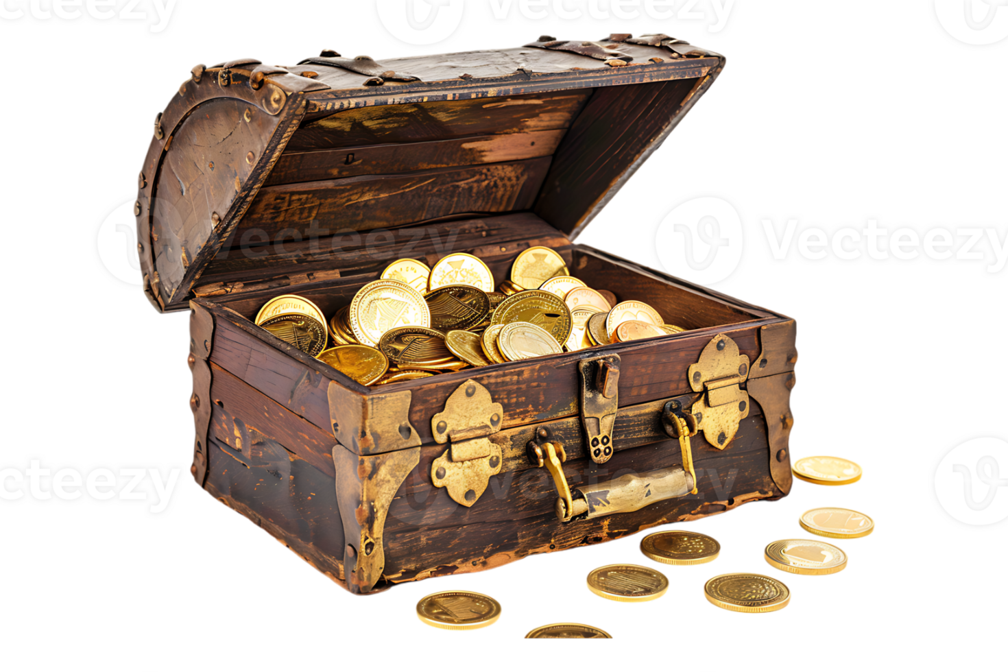 Treasure chest filled with gold coins, isolated on transparent background png