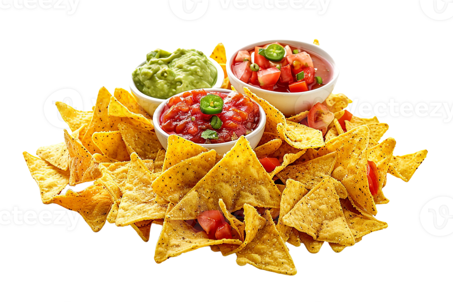 serving of nachos accompanied by two types of dipping sauces png
