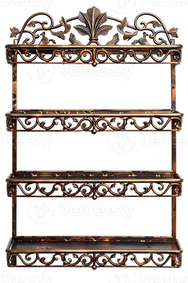Vertical ornate metal shelf isolated on transparent background png