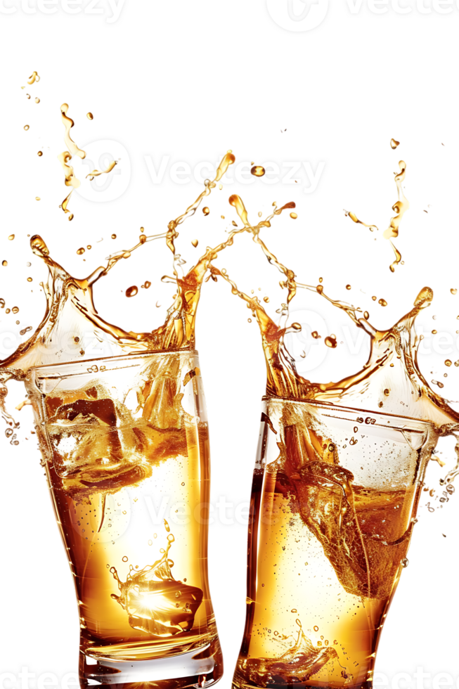 Two beer mugs clinking with splashing cheers, isolated on transparent background png