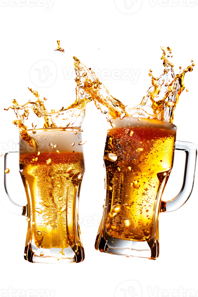 Two beer mugs clinking with splashing cheers, isolated on transparent background png