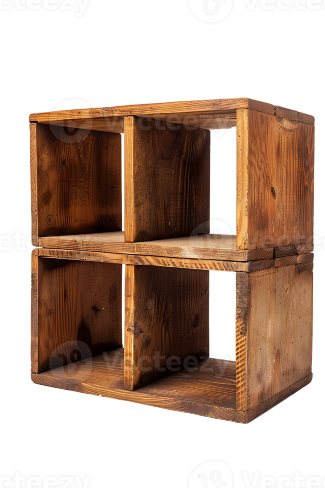 Vertical wooden cube shelf isolated on transparent background png