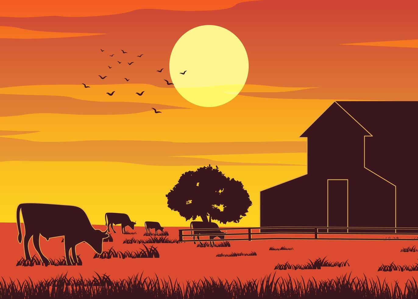 Silhouette design of farm while cows eating the grass on sunset time vector
