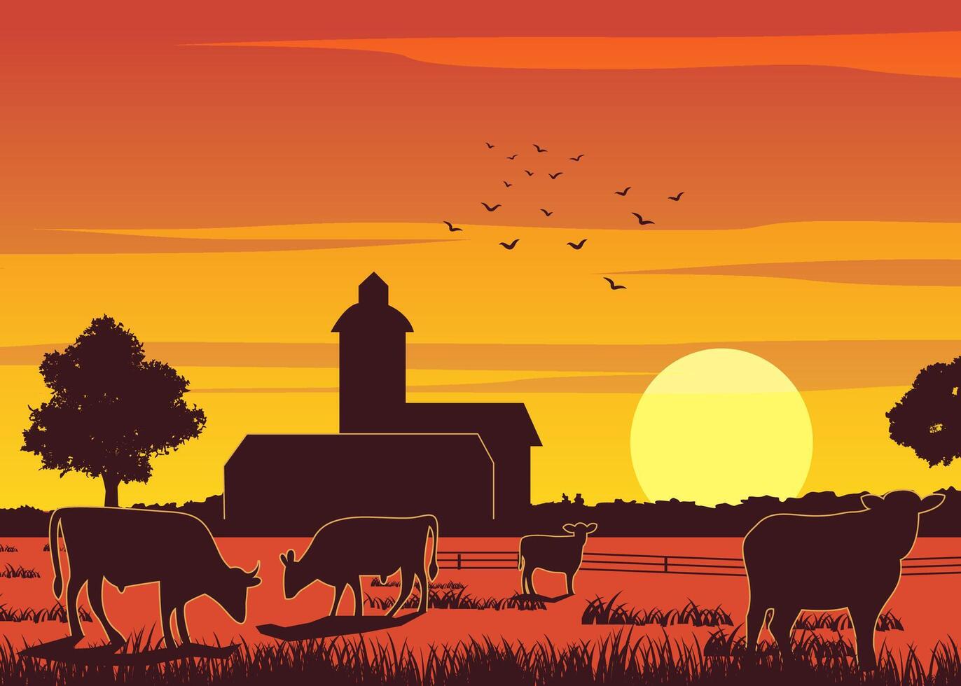 Silhouette design of farm while cows eating the grass on sunset time vector