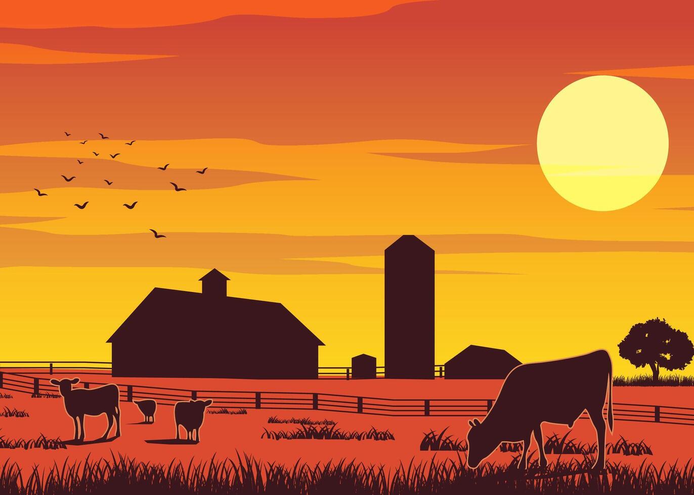Silhouette design of farm while cows eating the grass on sunset time vector