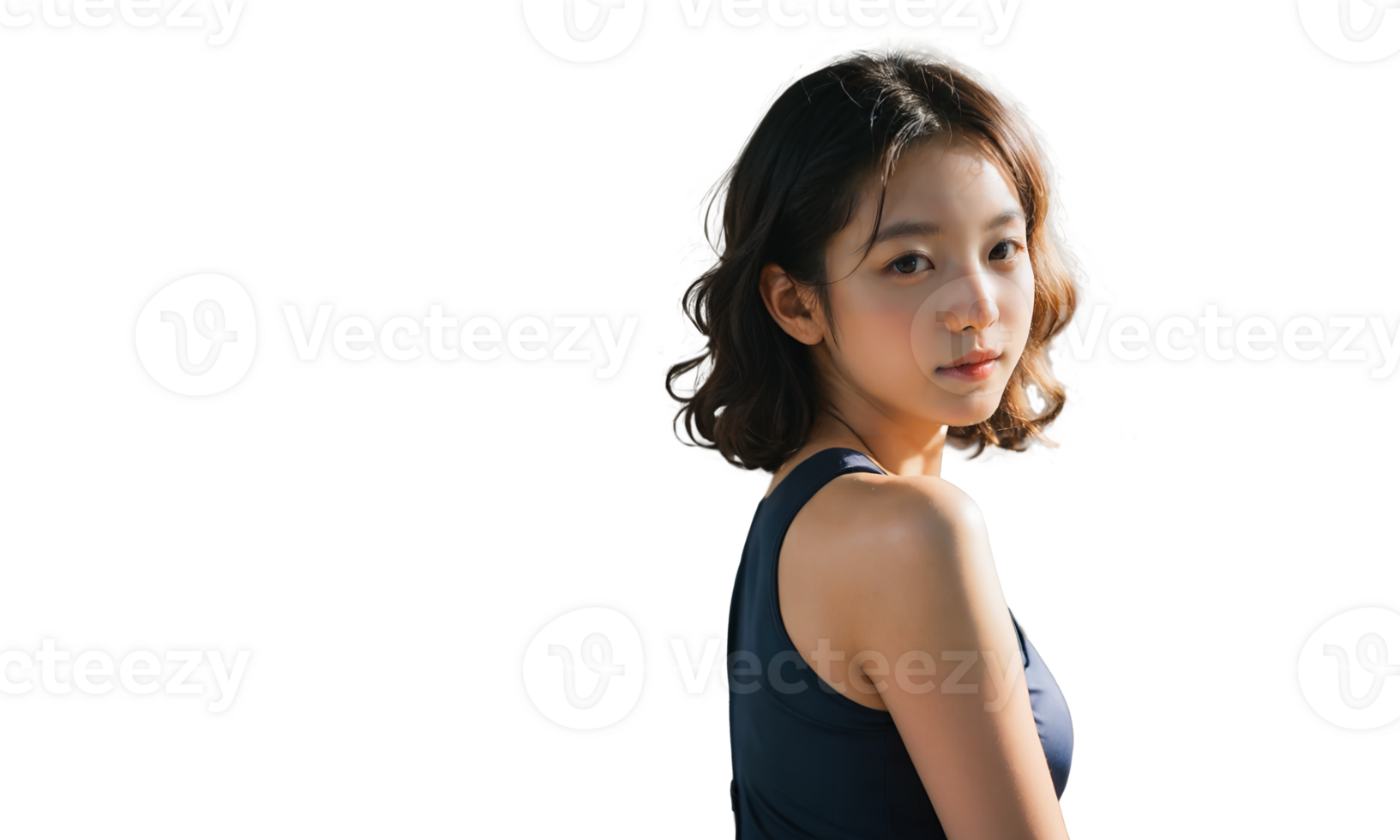 A woman in a navy sleeveless top poses in profile, showcasing her graceful features and curled hairstyle against a plain background. png