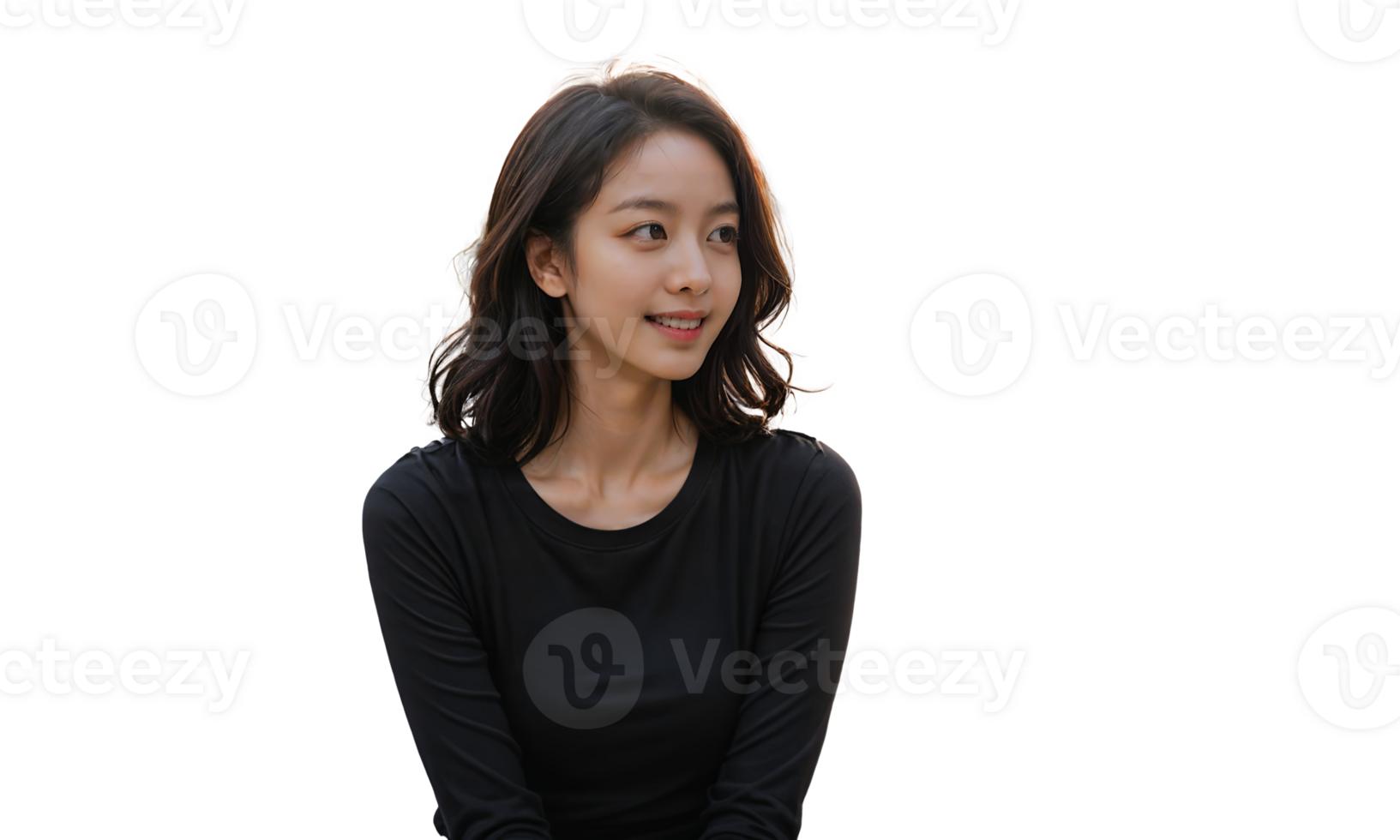 A woman with wavy hair wearing a black long-sleeve top smiles warmly, exuding sophisticated charm and confidence. png