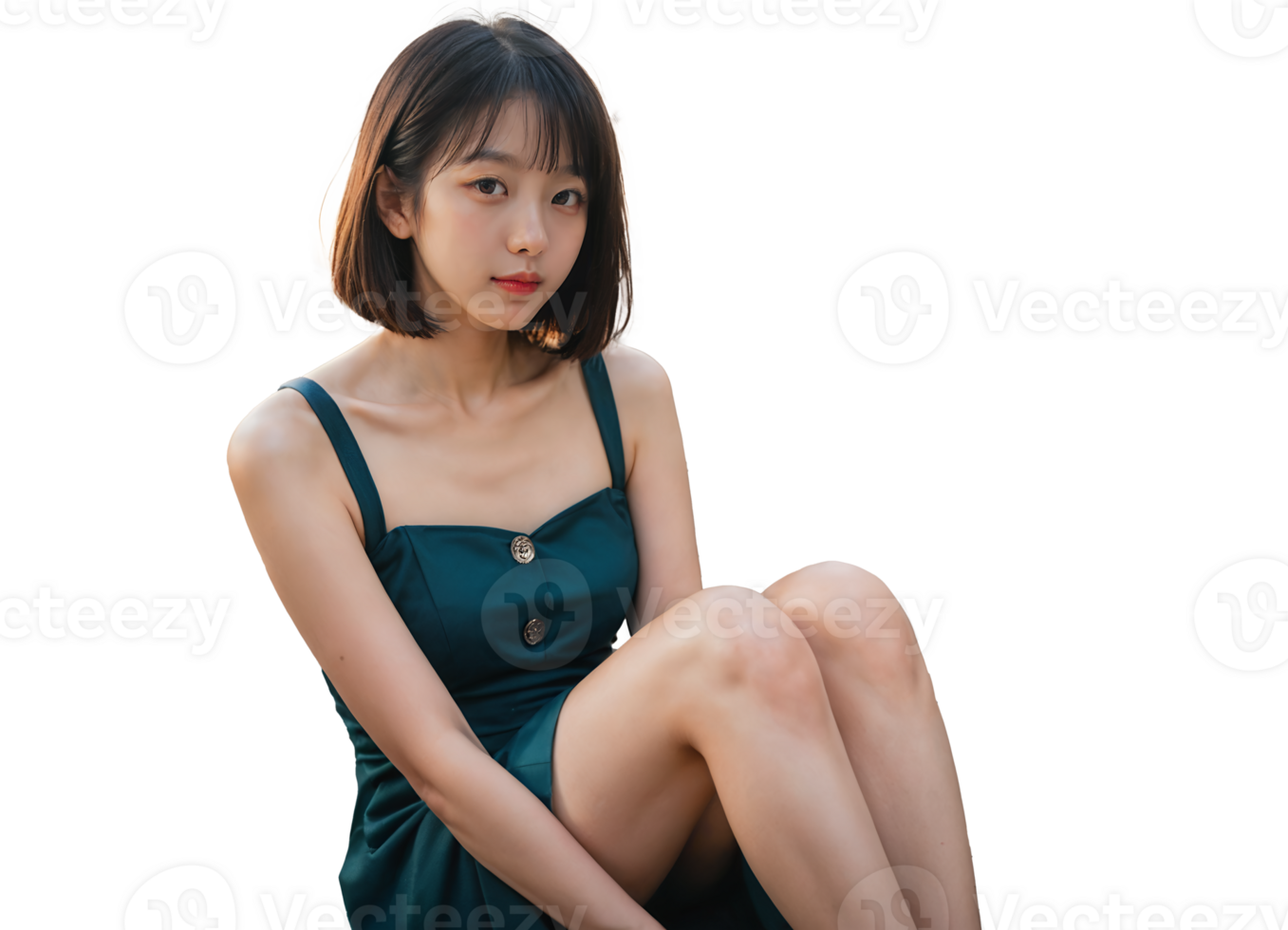 A woman in a dark green sleeveless top poses confidently, showcasing a blend of elegance and allure against a simple background. png