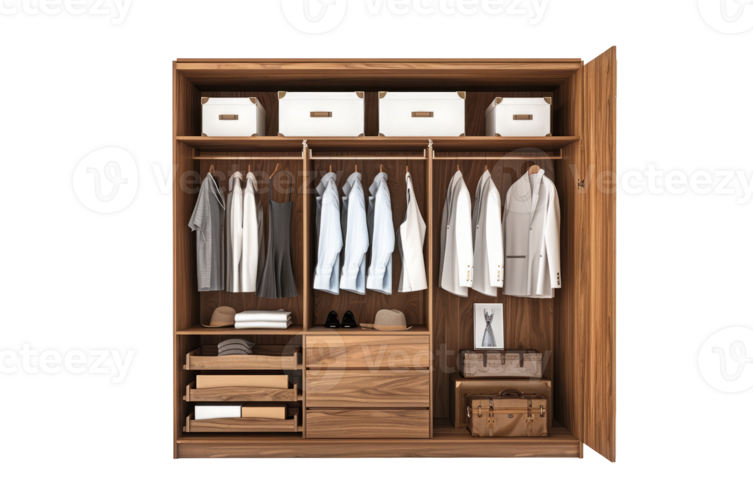 Organized Wooden Closet with Clothes and Accessories png