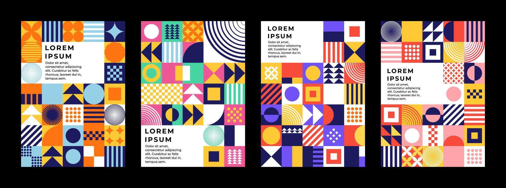 Colorful neo geometric poster. Grid with color geometrical shapes. Modern abstract promotional flyer background illustration set. Geometric template poster, brochure neo pattern vector