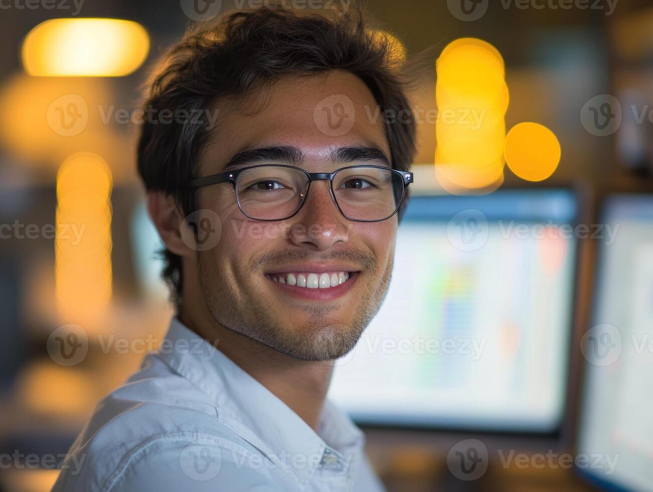 A smiling young man sits at a computer in a lit office during the evening photo