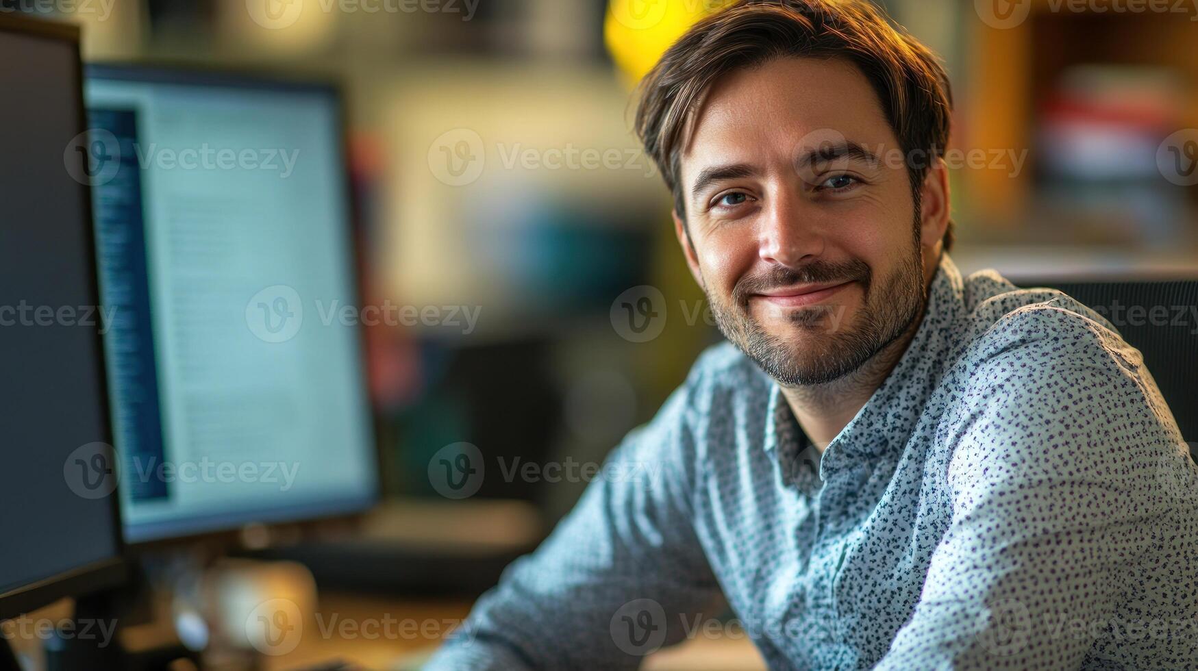 A man smiles while working at his desk with several computer monitors around him photo