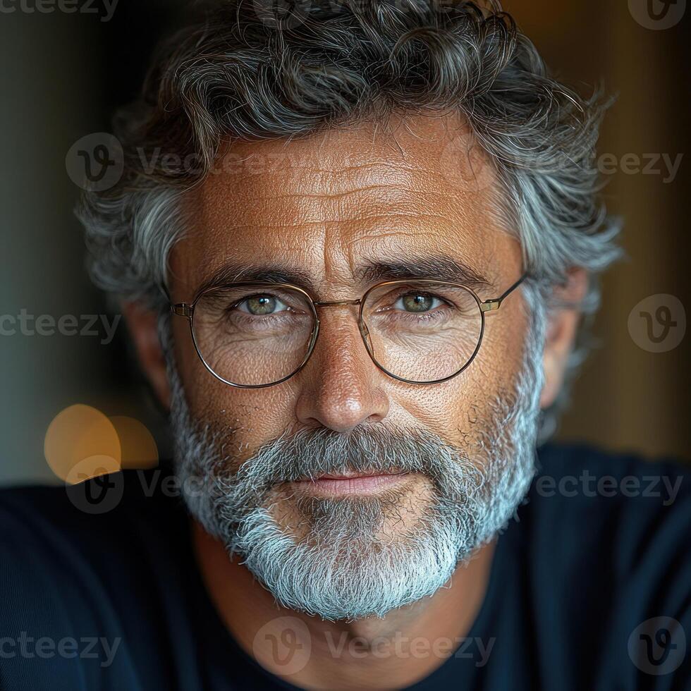 A middle-aged man with a beard and glasses smiles warmly in soft evening lighting photo