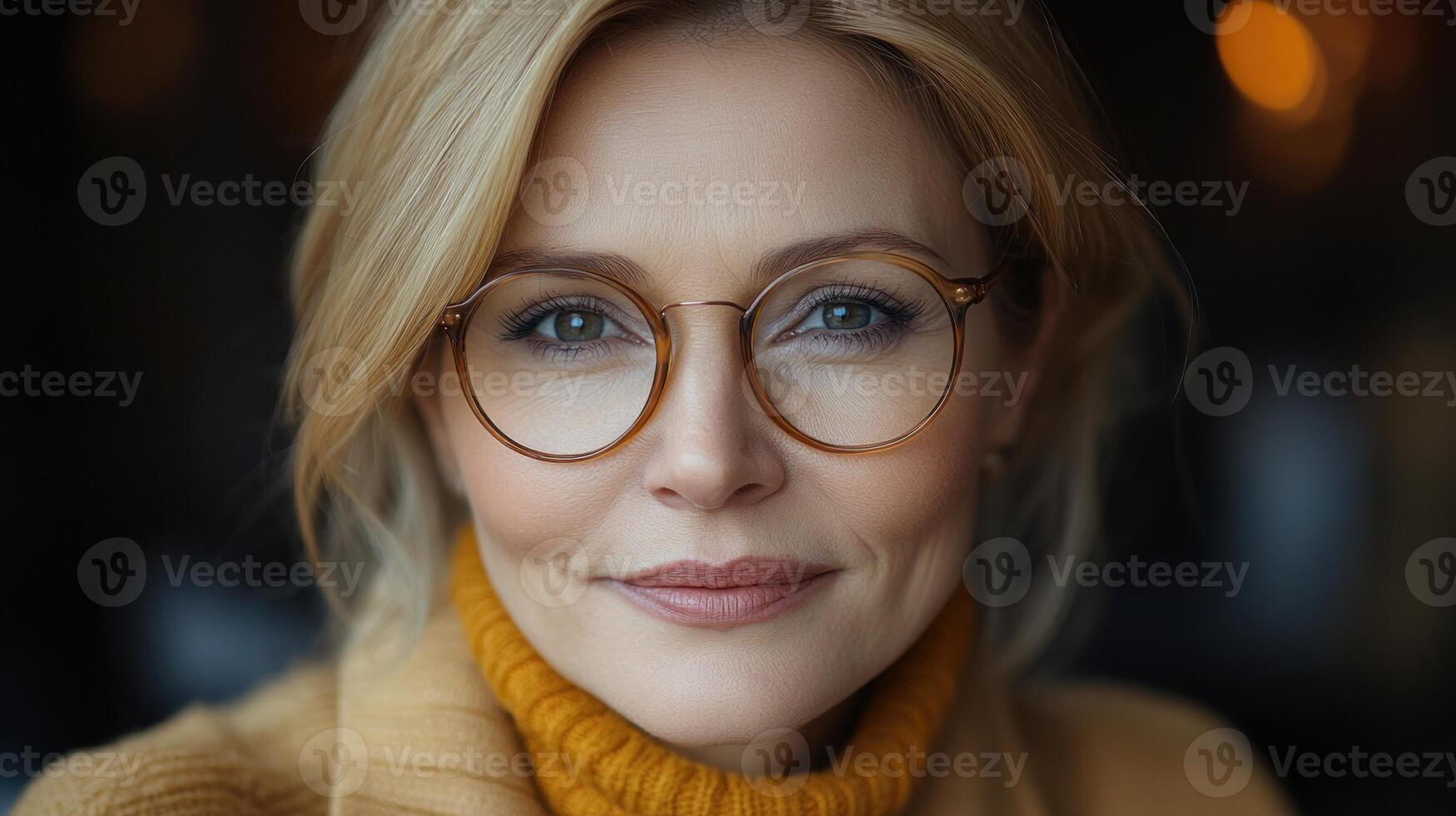 A smiling woman with glasses enjoys a cozy atmosphere in an indoor cafe during autumn photo