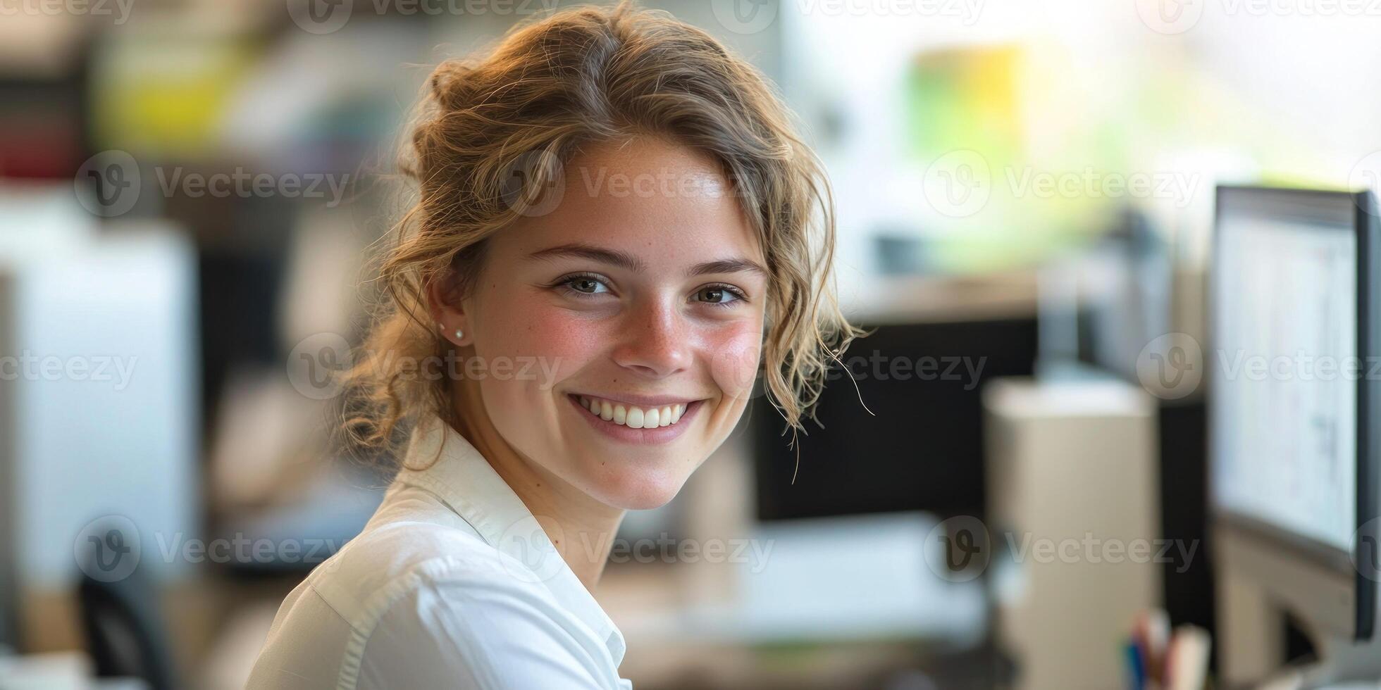 A cheerful young woman enjoys her work while sitting at a desk in a bright office photo