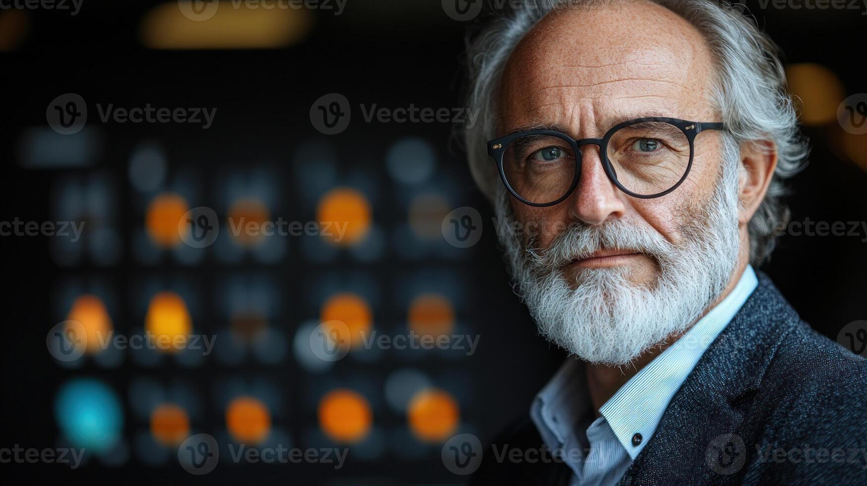 A mature man with a distinguished look stands proudly in a contemporary workspace photo