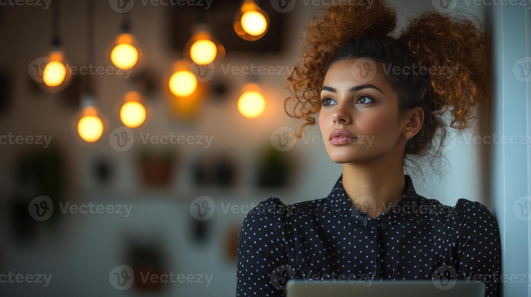 A young woman contemplates while gazing out of a cafe, illuminated by warm string lights photo
