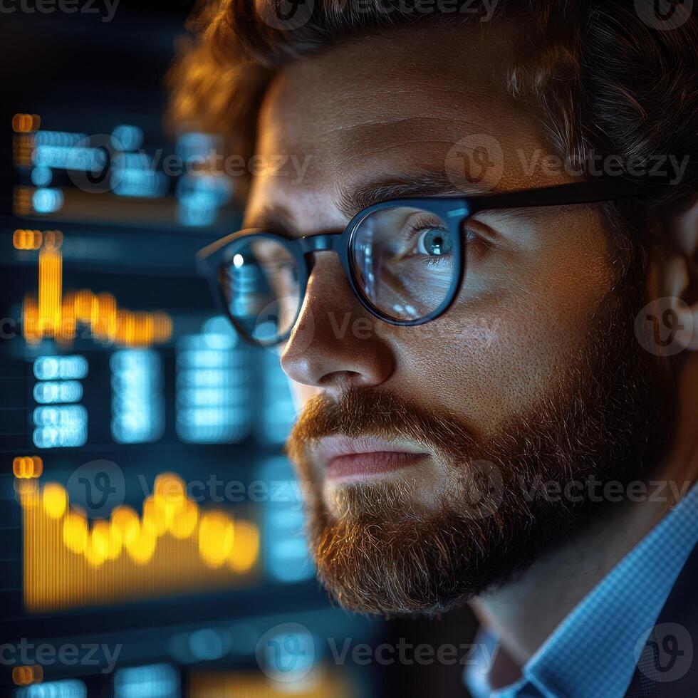 An analyst intently reviews financial data with glowing charts during a late-night session photo