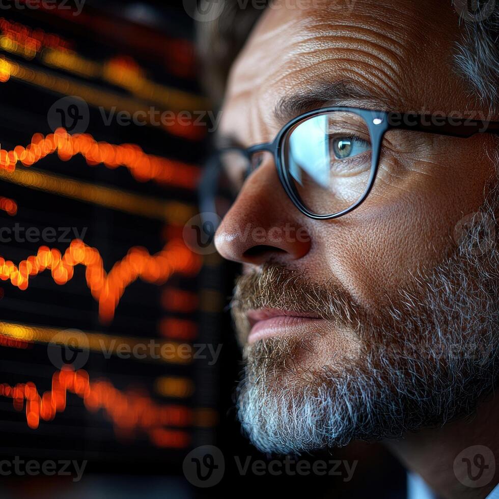 An analyst intently reviews fluctuating market data late at night photo